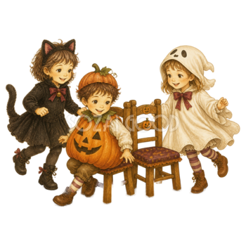 椅子取りゲームを楽しむ子どものハロウィンイラスト｜無料素材95389