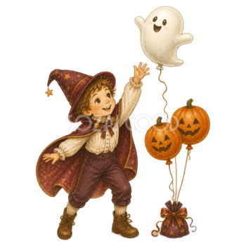 おばけ風船で遊ぶ男の子のハロウィンイラスト｜無料素材95390