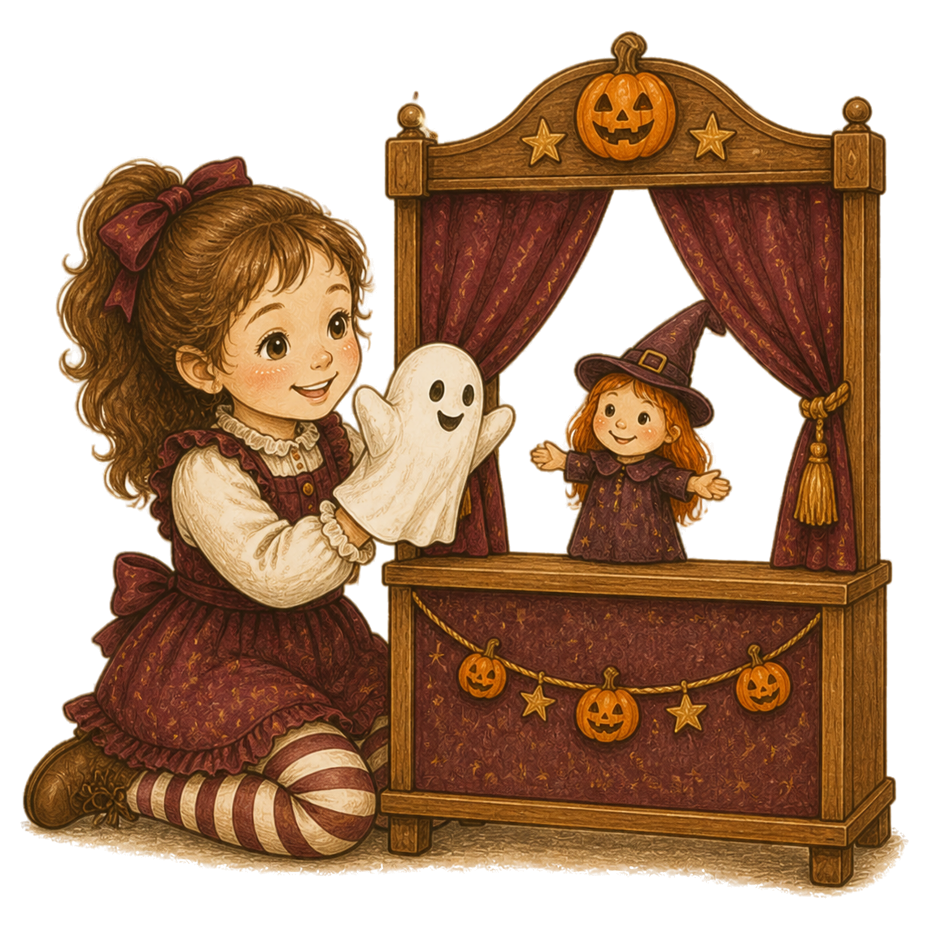 おばけと魔女の人形劇をする女の子のハロウィンイラスト｜無料素材95392に写真・文字を入れる