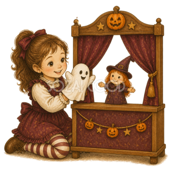 おばけと魔女の人形劇をする女の子のハロウィンイラスト｜無料素材95392