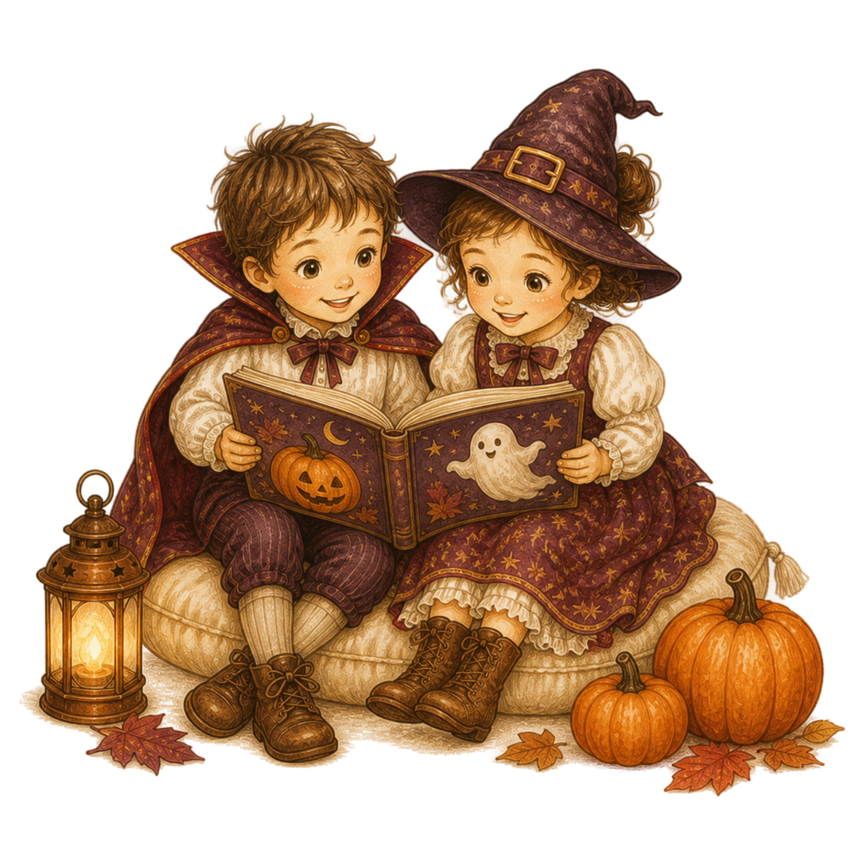 ハロウィンの絵本を一緒に読む子どものイラスト｜かわいい無料素材95393に写真・文字を入れる