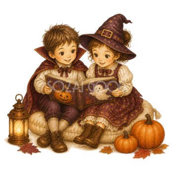 ハロウィンの絵本を一緒に読む子どものイラスト｜かわいい無料素材95393