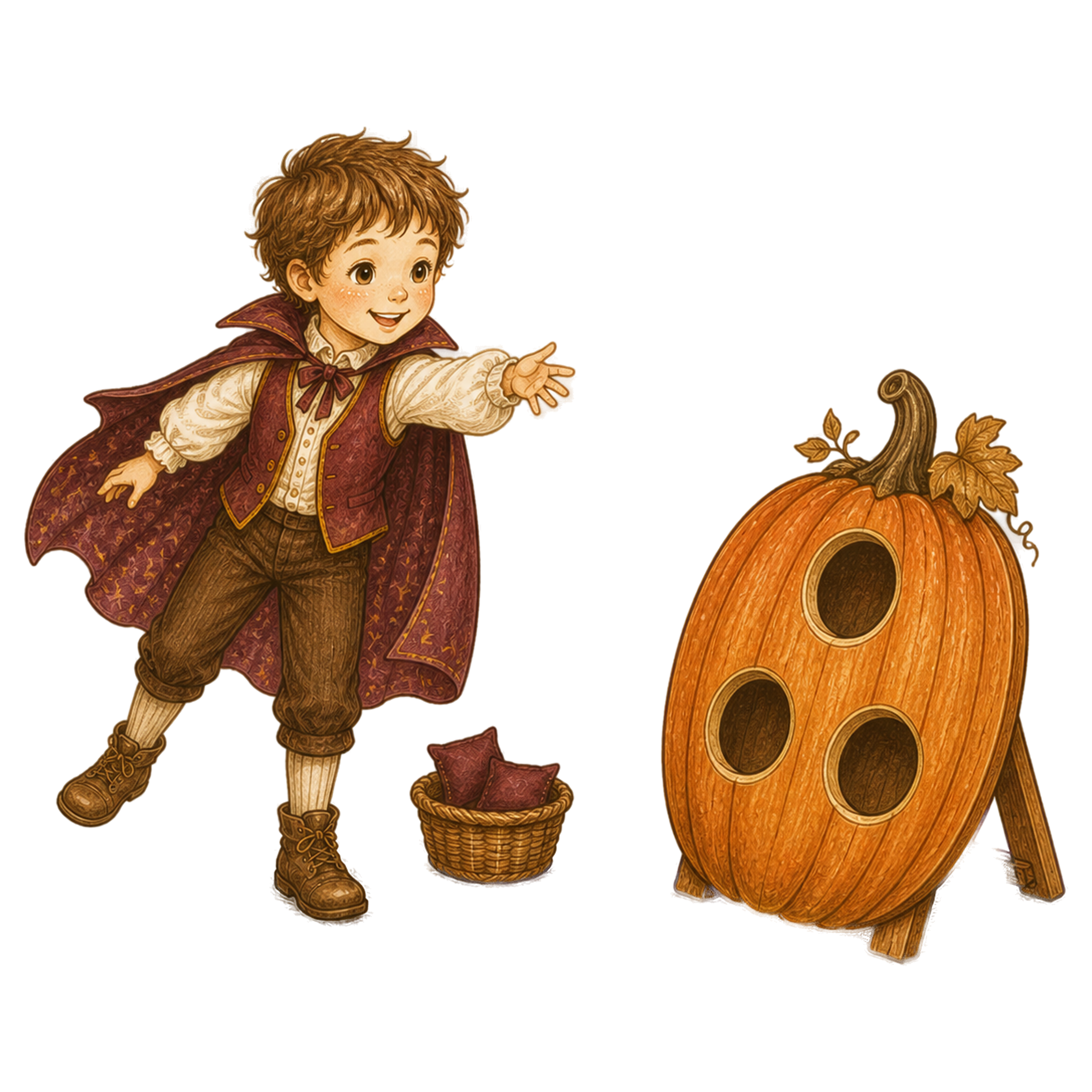 かぼちゃの的へお手玉を投げる男の子のハロウィンイラスト｜無料素材95394に写真・文字を入れる