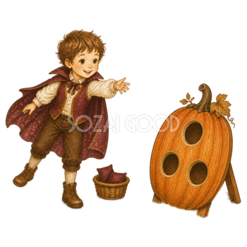 かぼちゃの的へお手玉を投げる男の子のハロウィンイラスト｜無料素材95394