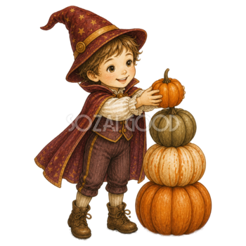 かぼちゃ積みゲームを楽しむ子どものハロウィンイラスト｜無料素材95397