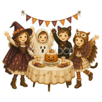 パーティーを楽しむ子どもたちのハロウィンイラスト｜無料素材95398