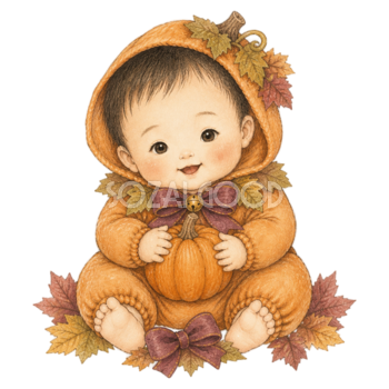 かぼちゃ衣装で遊ぶ赤ちゃんのハロウィンイラスト｜無料素材95400