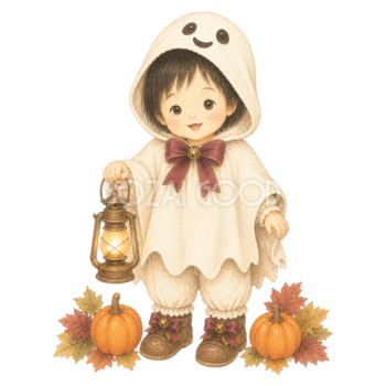 おばけ衣装とランタンを持つ幼児のハロウィンイラスト｜無料素材95401