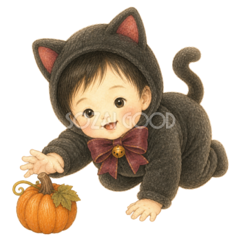 黒猫衣装ではいはいする赤ちゃんのハロウィンイラスト｜無料素材95402