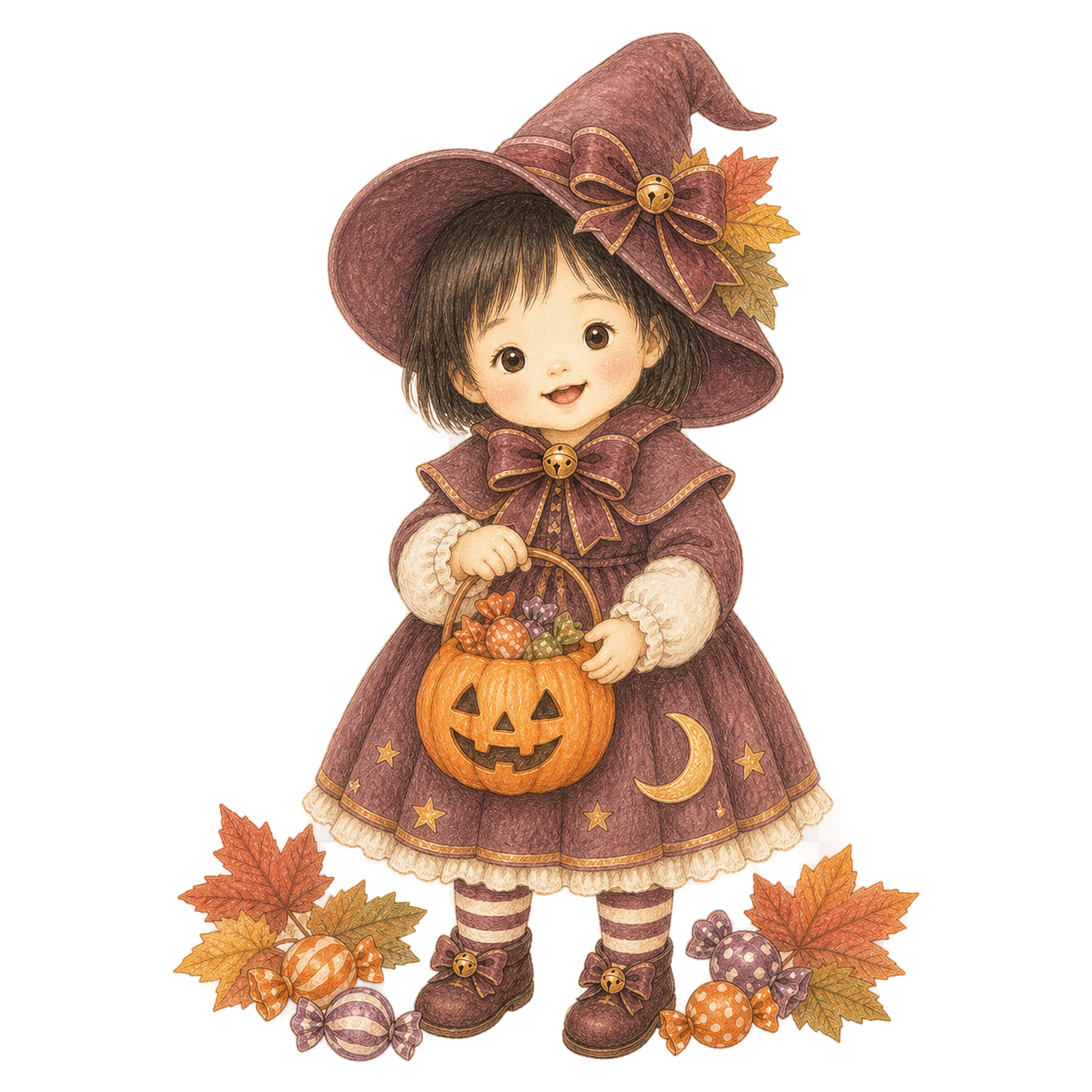 魔女衣装とお菓子かごを持つ幼児のハロウィンイラスト｜無料素材95403に写真・文字を入れる