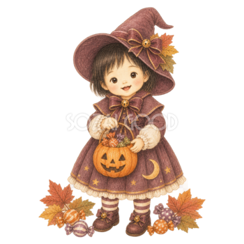 魔女衣装とお菓子かごを持つ幼児のハロウィンイラスト｜無料素材95403