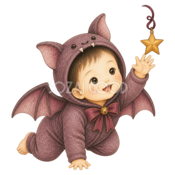 こうもり衣装で星に手を伸ばす赤ちゃんのハロウィンイラスト｜無料素材95404