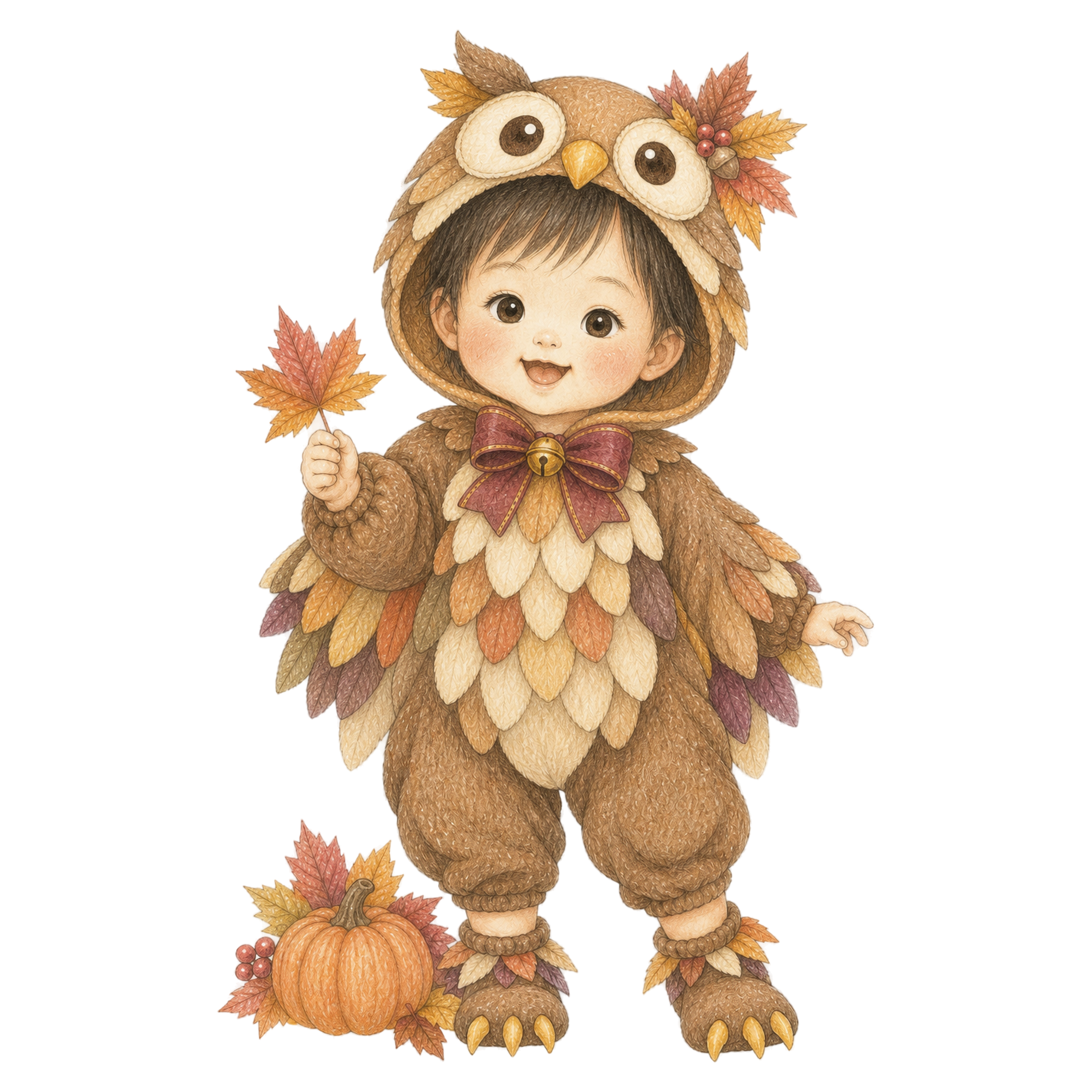ふくろう衣装で紅葉を持つ幼児のハロウィンイラスト｜無料素材95405に写真・文字を入れる