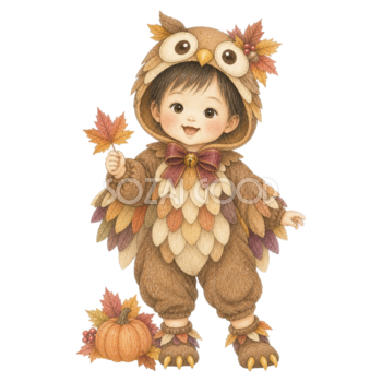 ふくろう衣装で紅葉を持つ幼児のハロウィンイラスト｜無料素材95405