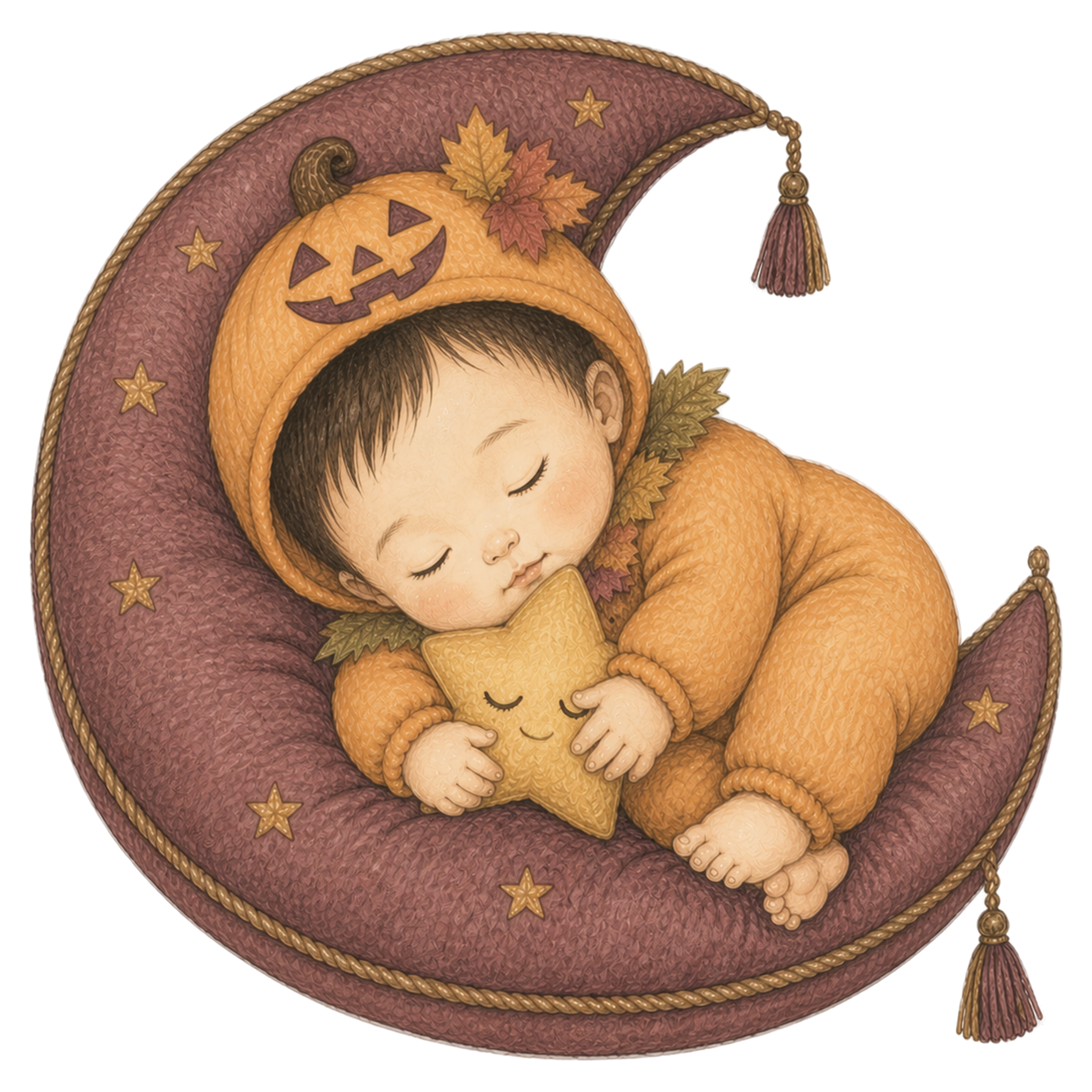 三日月クッションで眠る赤ちゃんのハロウィンイラスト｜無料素材95406に写真・文字を入れる