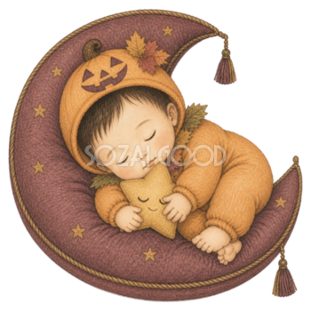 三日月クッションで眠る赤ちゃんのハロウィンイラスト｜無料素材95406