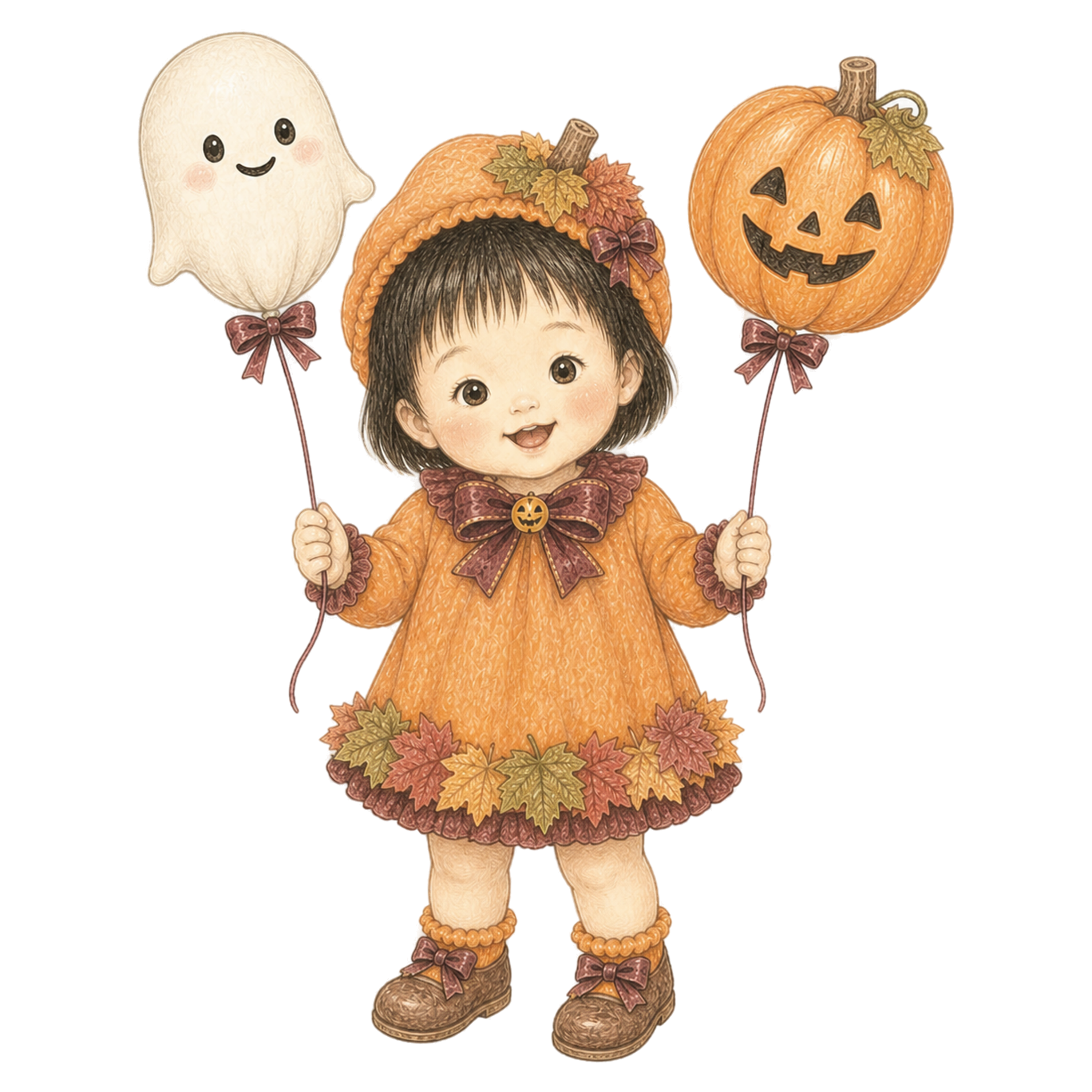 おばけとかぼちゃの風船を持つ幼児のハロウィンイラスト｜無料素材95407に写真・文字を入れる