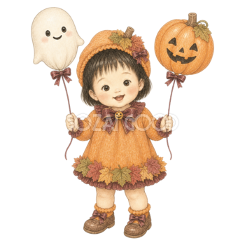 おばけとかぼちゃの風船を持つ幼児のハロウィンイラスト｜無料素材95407