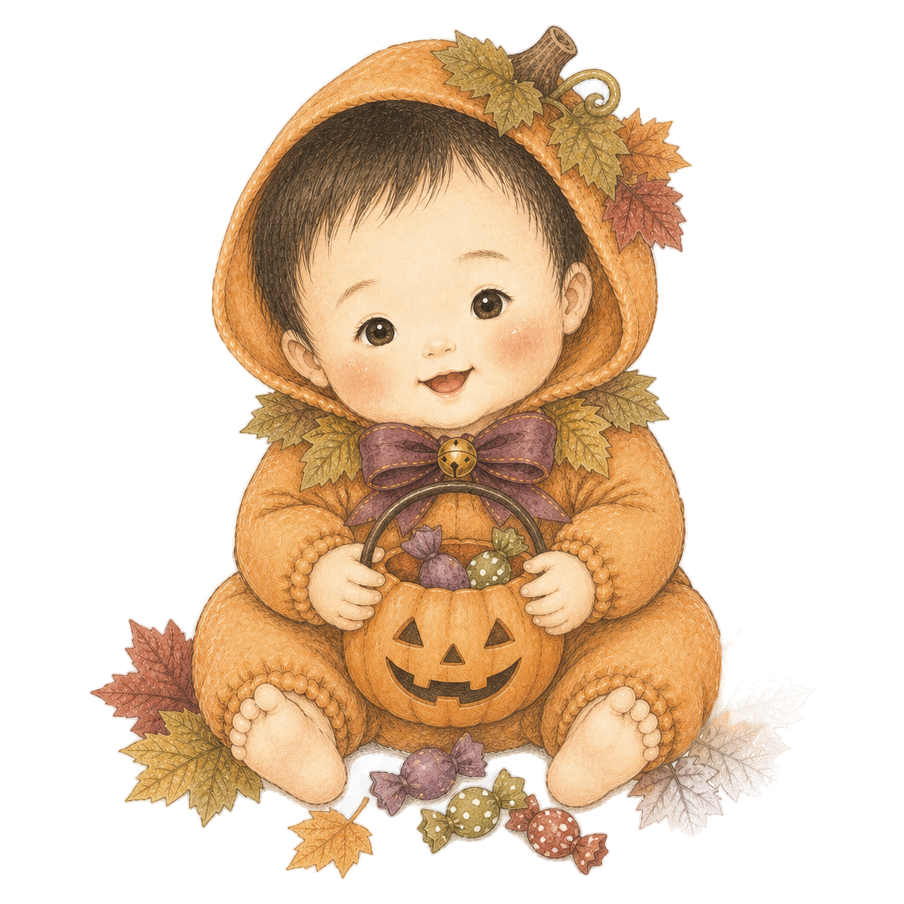 かぼちゃのお菓子バケツを持つ赤ちゃんのハロウィンイラスト｜無料素材95408に写真・文字を入れる
