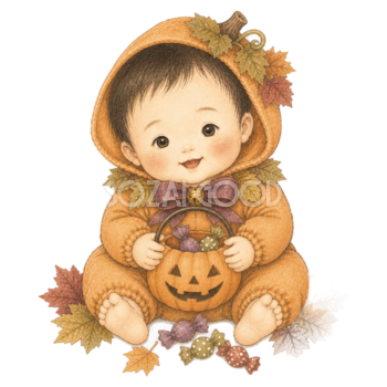 かぼちゃのお菓子バケツを持つ赤ちゃんのハロウィンイラスト｜無料素材95408