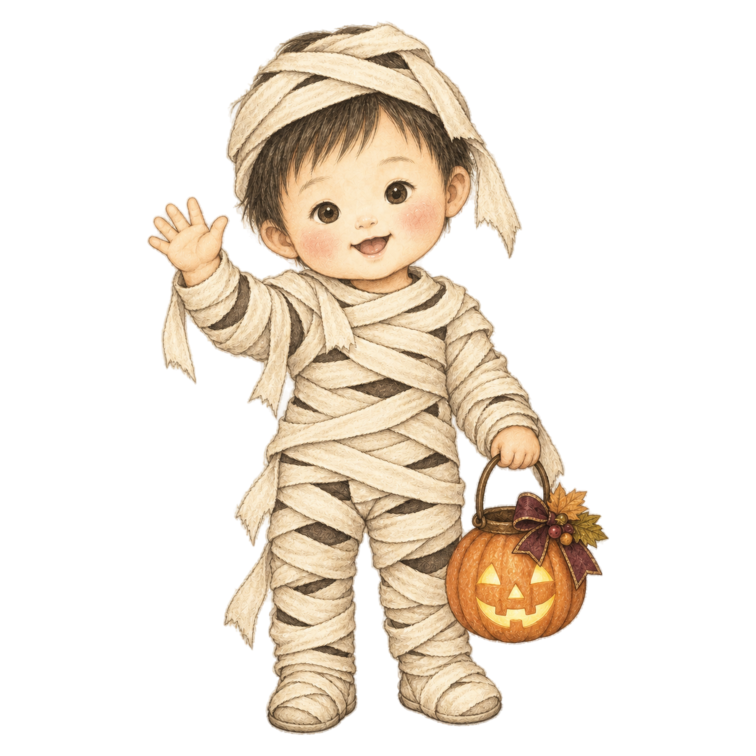 かわいいミイラ衣装の幼児ハロウィンイラスト｜無料素材95409に写真・文字を入れる