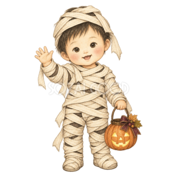 かわいいミイラ衣装の幼児ハロウィンイラスト｜無料素材95409