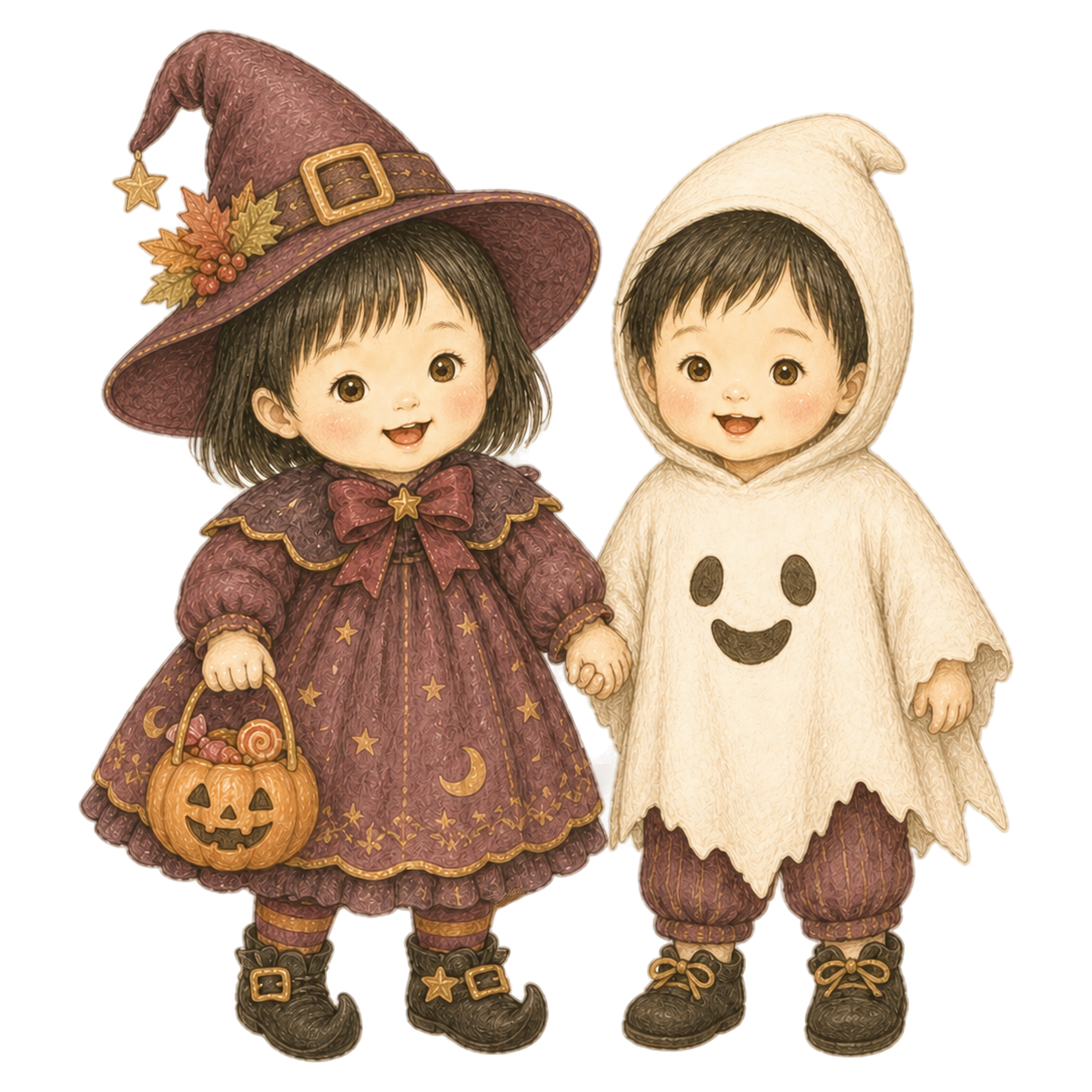 魔女とおばけ衣装の子ども二人ハロウィンイラスト｜無料素材95410に写真・文字を入れる