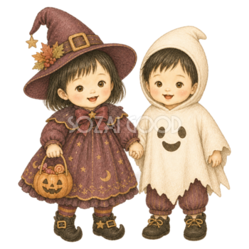 魔女とおばけ衣装の子ども二人ハロウィンイラスト｜無料素材95410