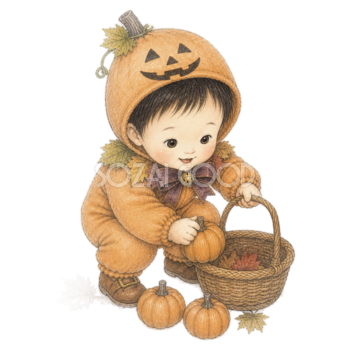 小さなかぼちゃを選ぶ幼児のハロウィンイラスト｜無料素材95411