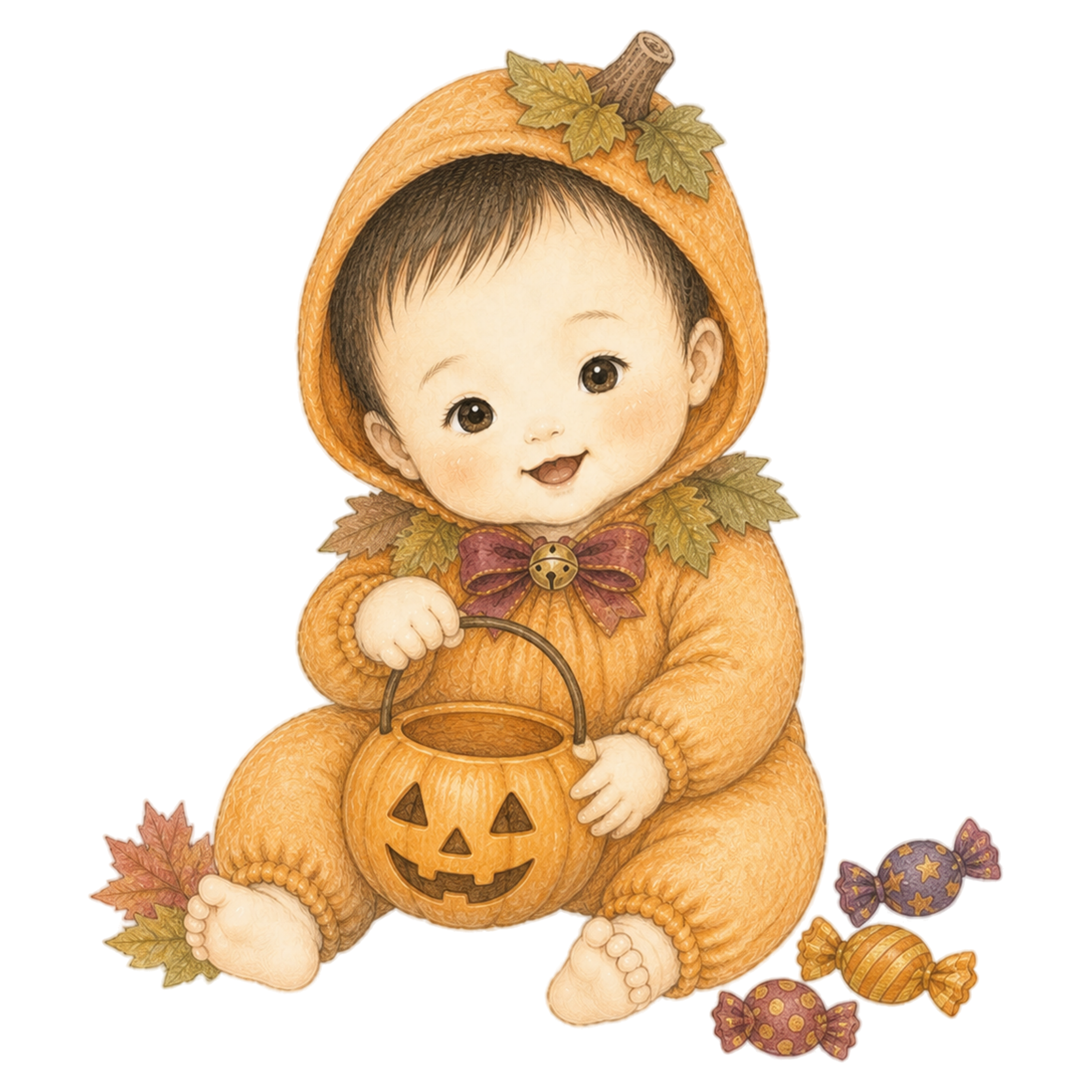 かぼちゃ衣装とキャンディーの赤ちゃんハロウィンイラスト｜無料素材95412に写真・文字を入れる