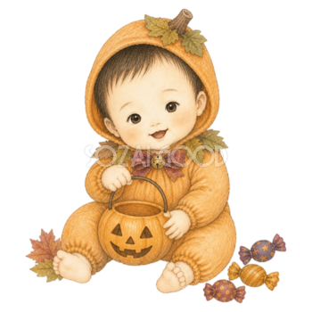 かぼちゃ衣装とキャンディーの赤ちゃんハロウィンイラスト｜無料素材95412