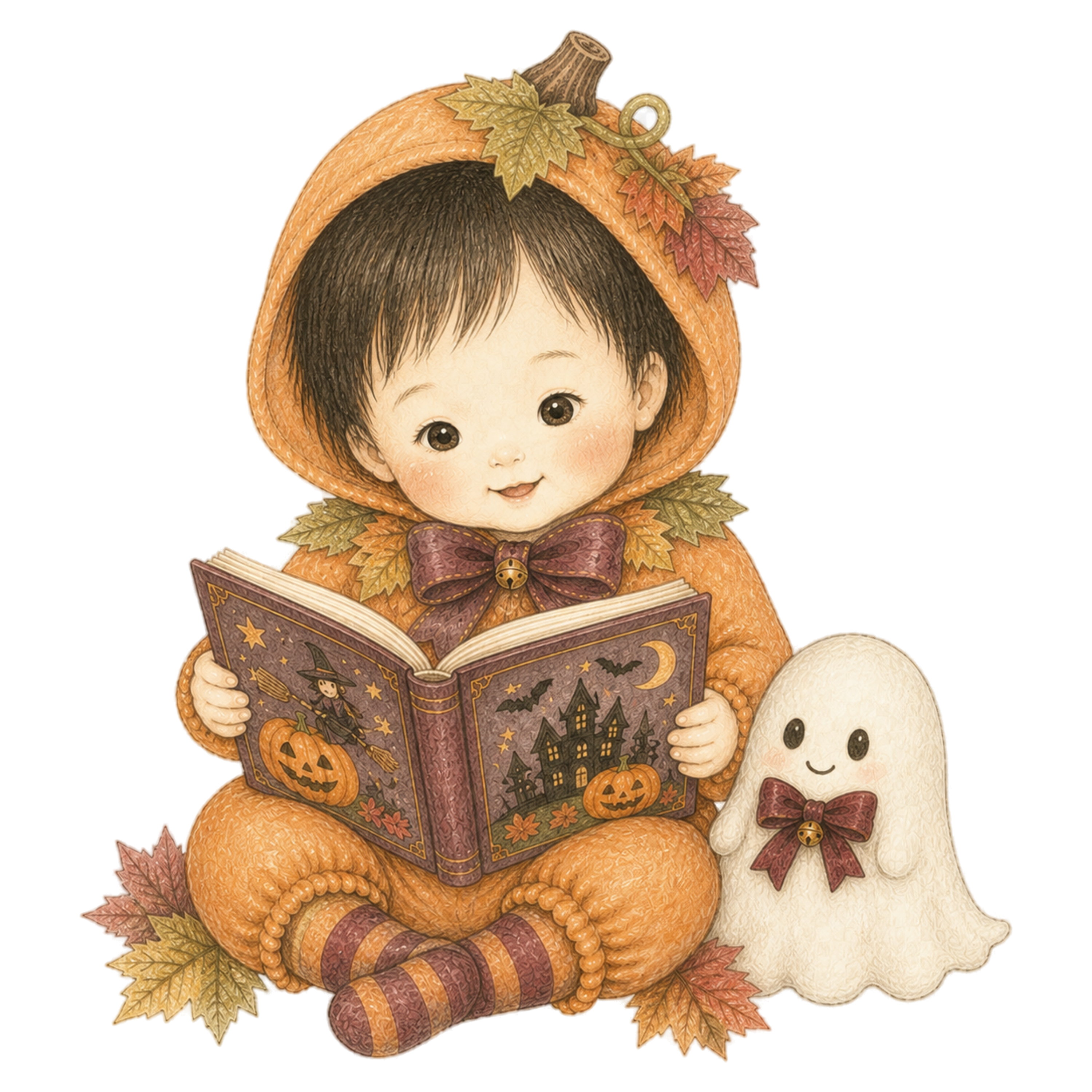 おばけのぬいぐるみと絵本を読む幼児のハロウィンイラスト｜無料素材95413に写真・文字を入れる