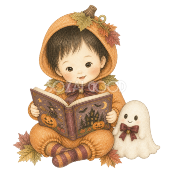 おばけのぬいぐるみと絵本を読む幼児のハロウィンイラスト｜無料素材95413