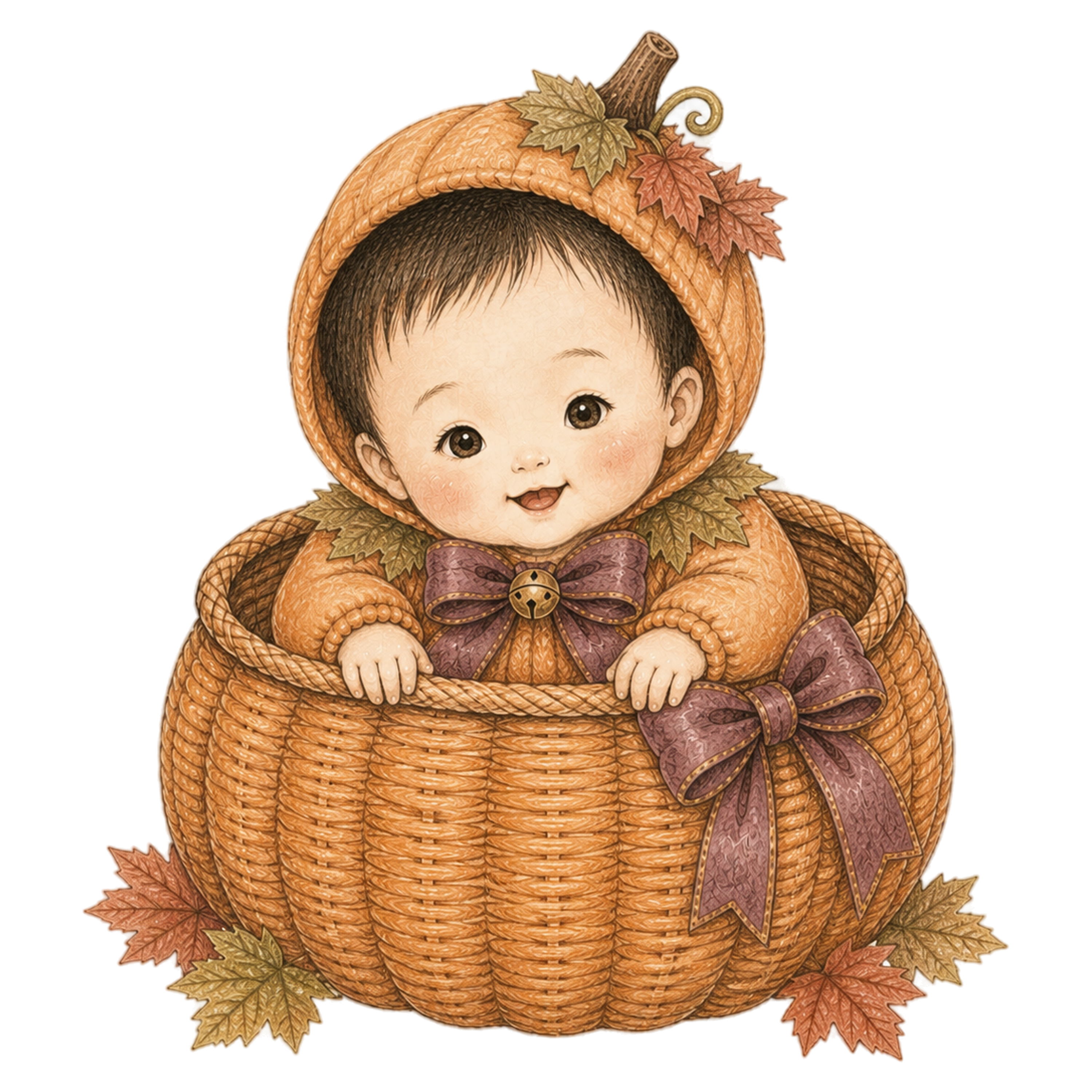 大きなかぼちゃ型バスケットの赤ちゃんハロウィンイラスト｜無料素材95414に写真・文字を入れる