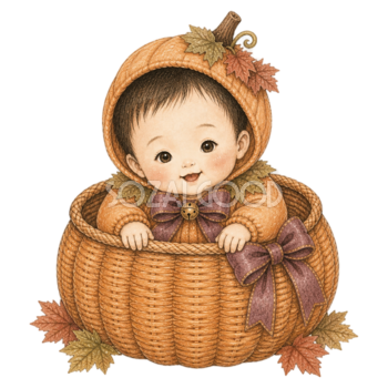 大きなかぼちゃ型バスケットの赤ちゃんハロウィンイラスト｜無料素材95414