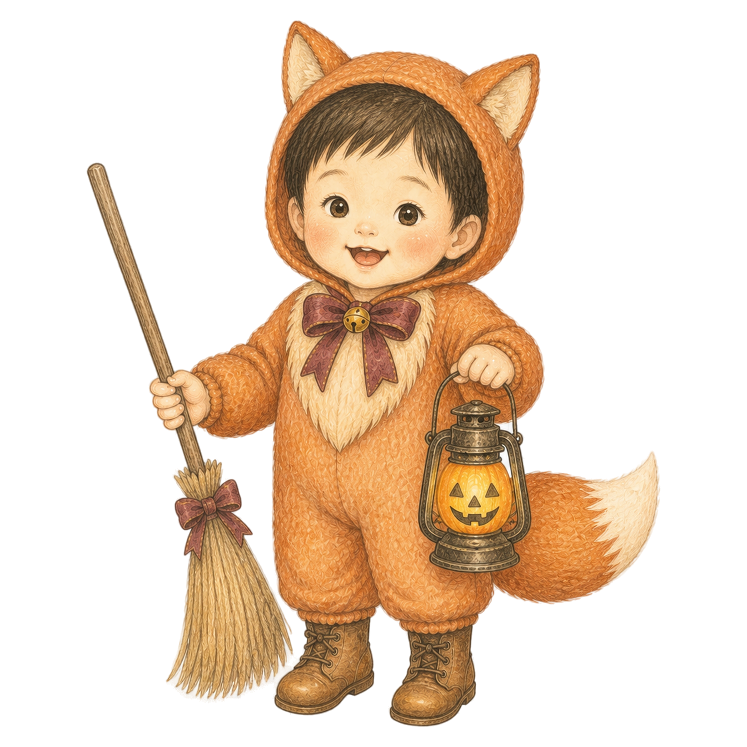 きつね衣装とほうきを持つ幼児のハロウィンイラスト｜無料素材95415に写真・文字を入れる