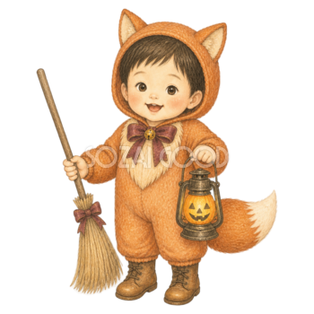 きつね衣装とほうきを持つ幼児のハロウィンイラスト｜無料素材95415