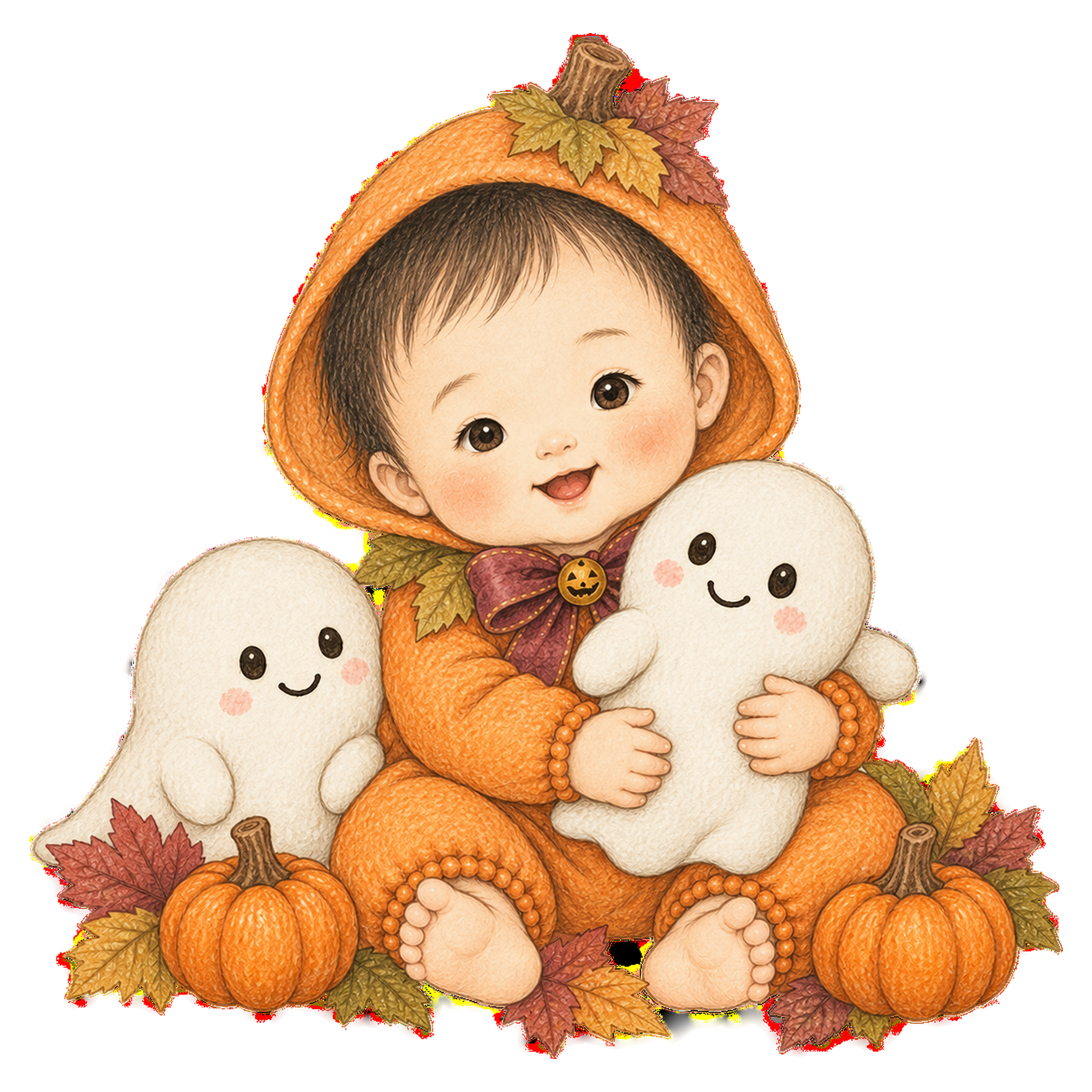 おばけのぬいぐるみを抱く赤ちゃんのハロウィンイラスト｜無料素材95416に写真・文字を入れる