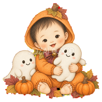 おばけのぬいぐるみを抱く赤ちゃんのハロウィンイラスト｜無料素材95416