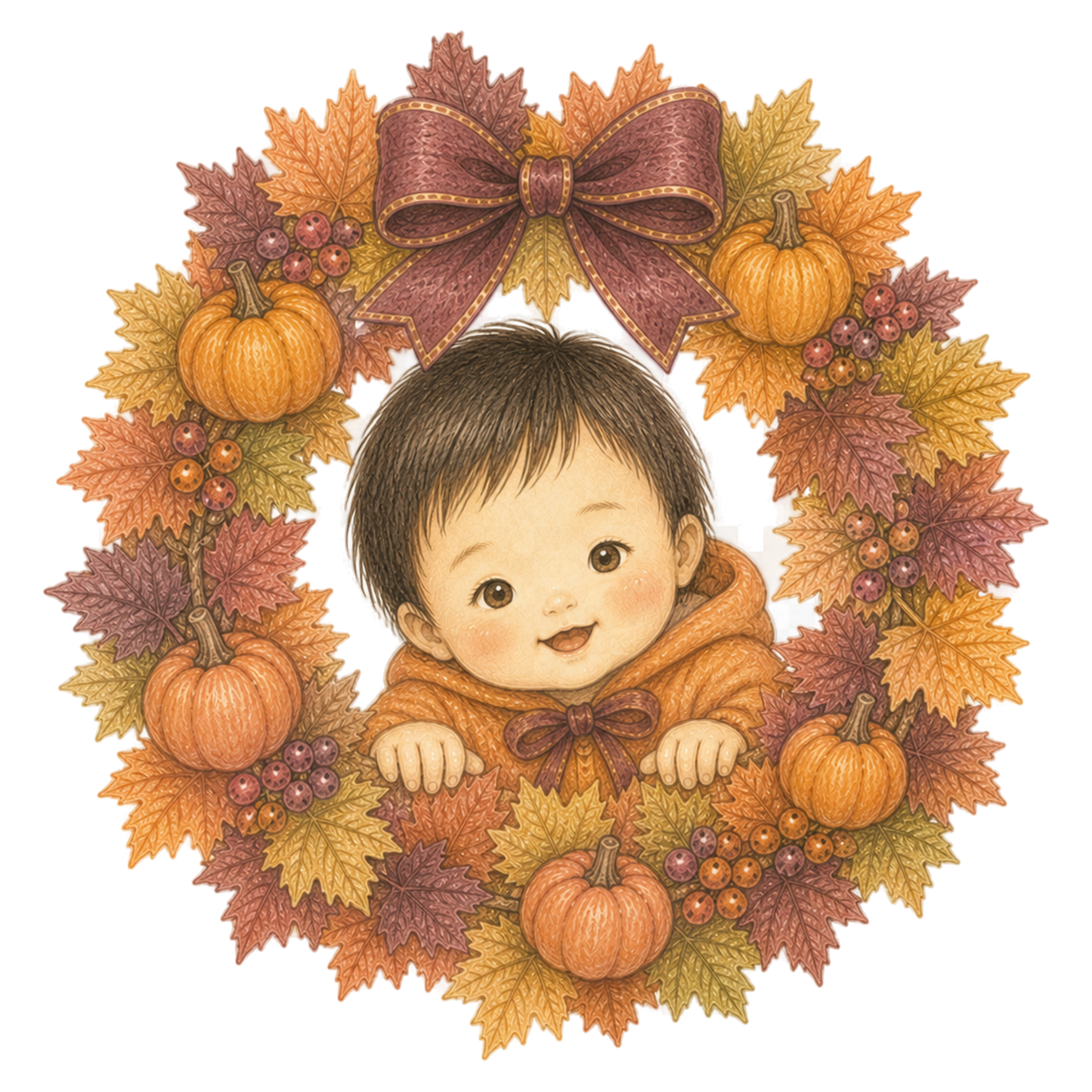 秋色リースから顔をのぞかせる幼児のハロウィンイラスト｜無料素材95417に写真・文字を入れる
