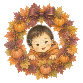 秋色リースから顔をのぞかせる幼児のハロウィンイラスト｜無料素材95417