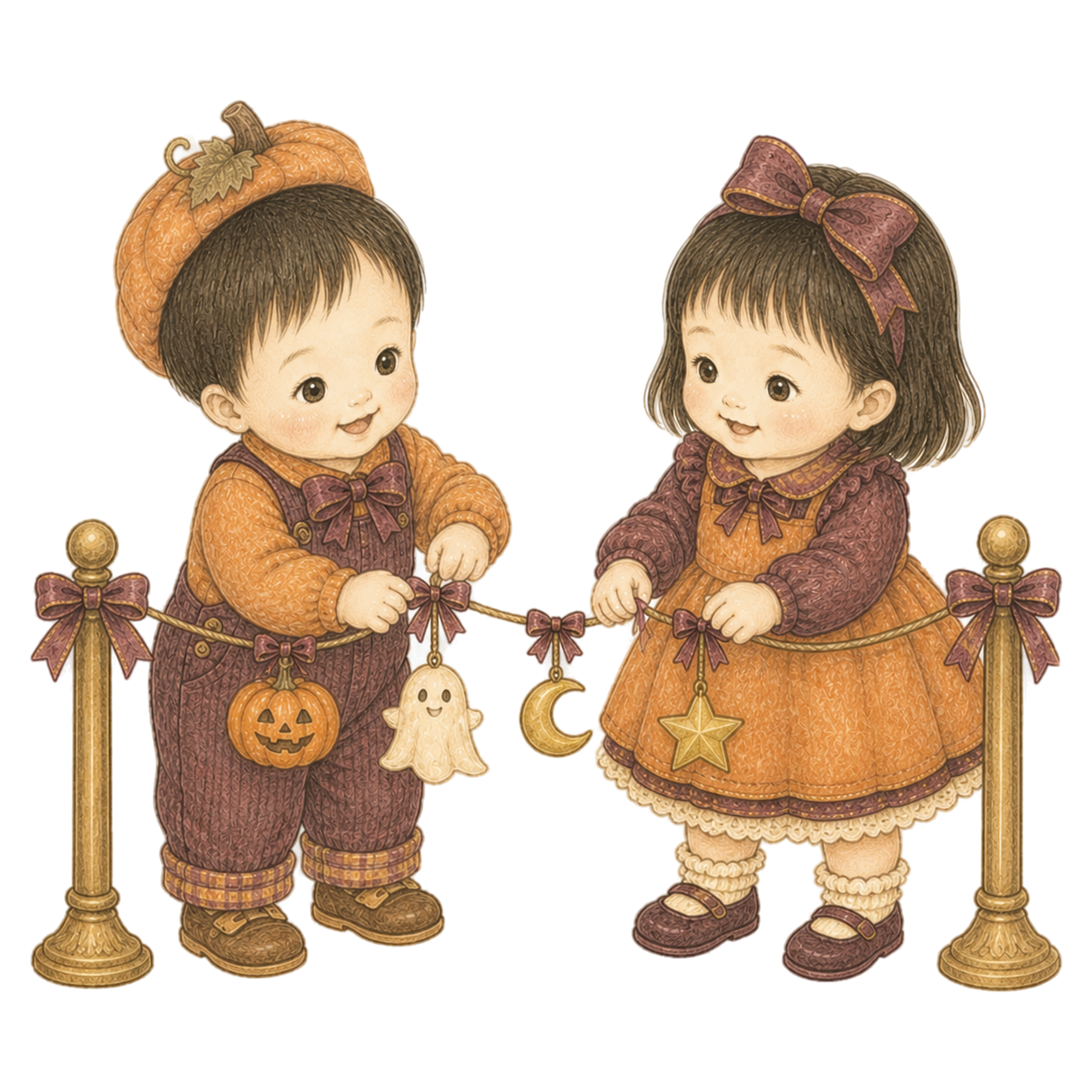 ガーランドを飾る子ども二人のハロウィンイラスト｜無料素材95418に写真・文字を入れる