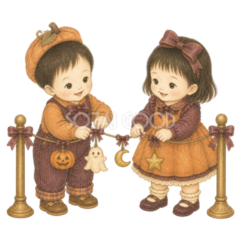 ガーランドを飾る子ども二人のハロウィンイラスト｜無料素材95418