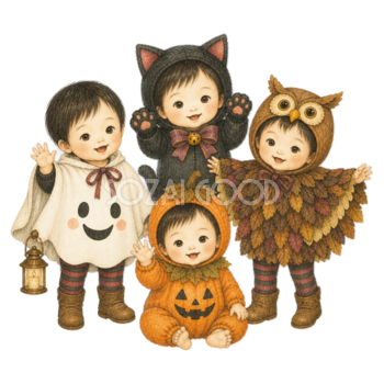 かわいい仮装をした赤ちゃんと幼児のハロウィンイラスト｜無料素材95419