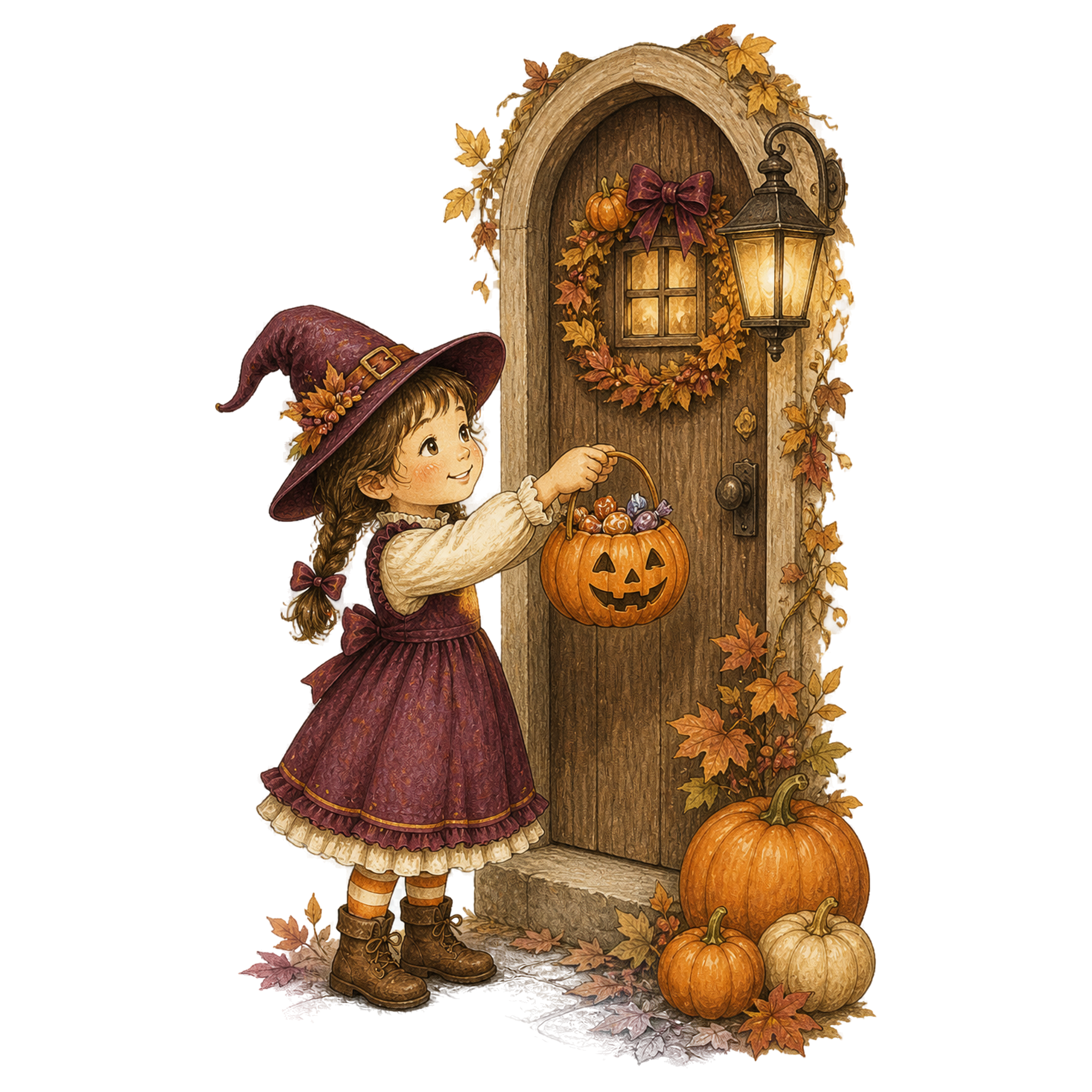 玄関を訪ねる魔女の女の子のハロウィンイラスト95421に写真・文字を入れる