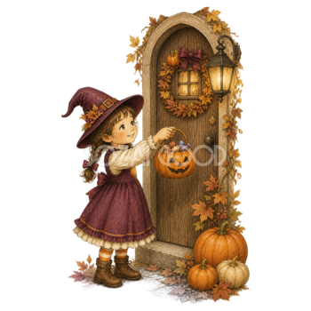 玄関を訪ねる魔女の女の子のハロウィンイラスト95421