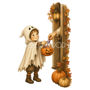 お菓子をもらうおばけ姿の男の子のハロウィンイラスト95422