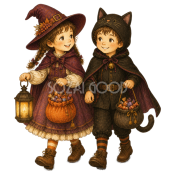 お菓子バッグを持って歩く子どものハロウィンイラスト95423