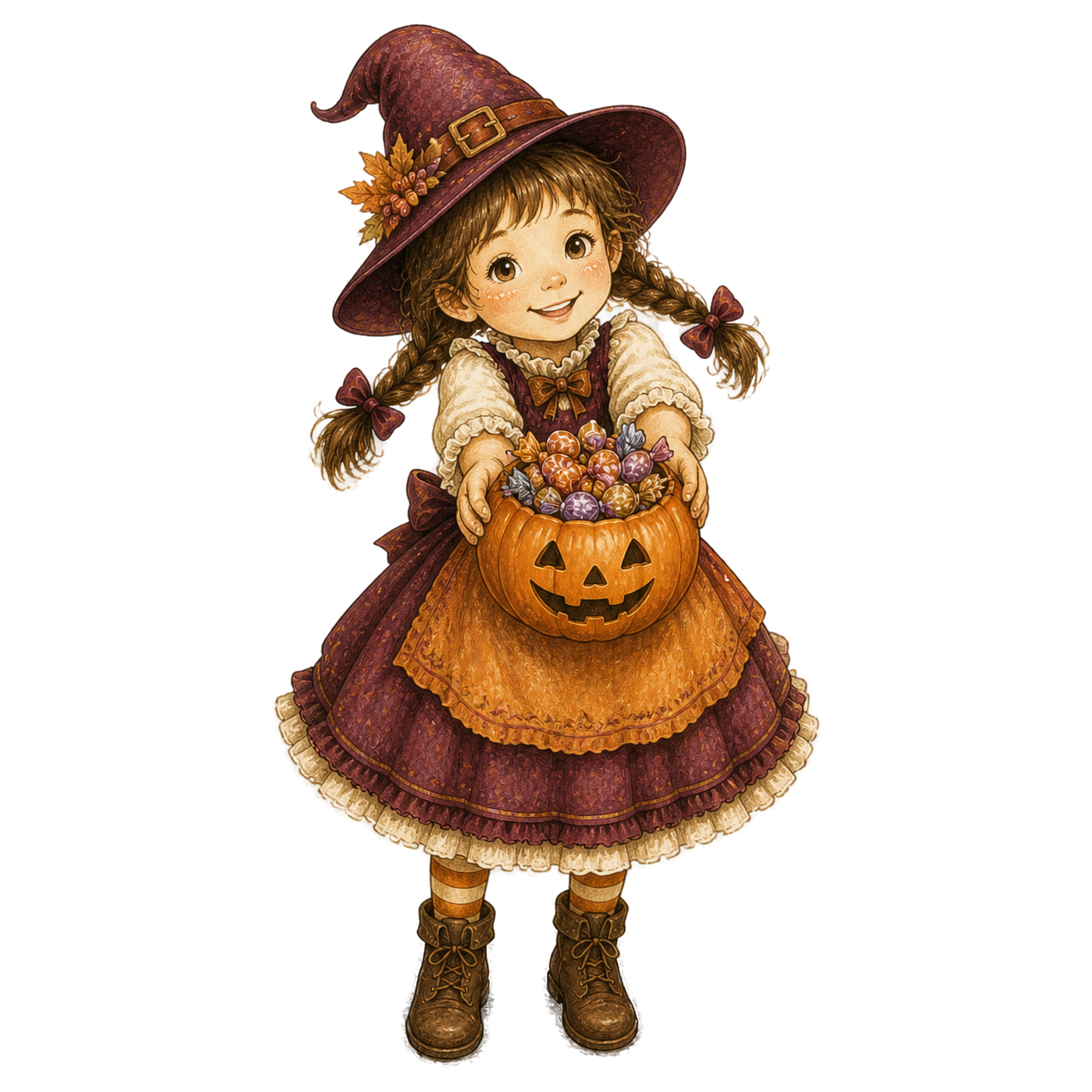 お菓子バケツを見せる魔女の女の子のハロウィンイラスト95424に写真・文字を入れる