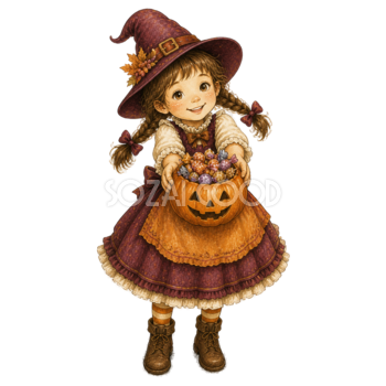 お菓子バケツを見せる魔女の女の子のハロウィンイラスト95424